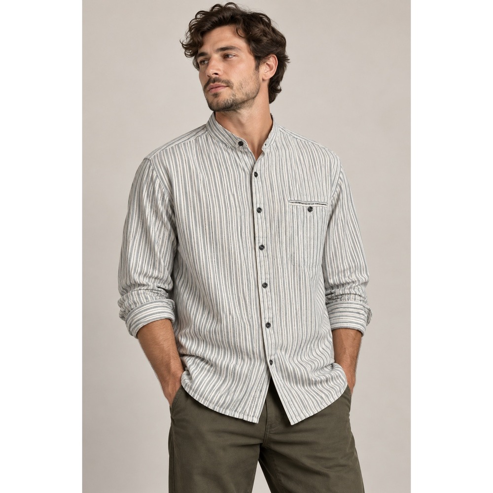 Lee Valley Ireland Men XL Grey White Striped Cotton Linen Grandfather Shirt